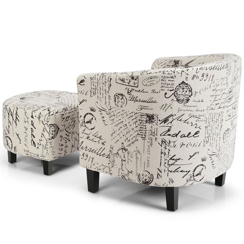 Costway Contemporary Birch Wood & Cotton Accent Chair with Ottoman in Beige