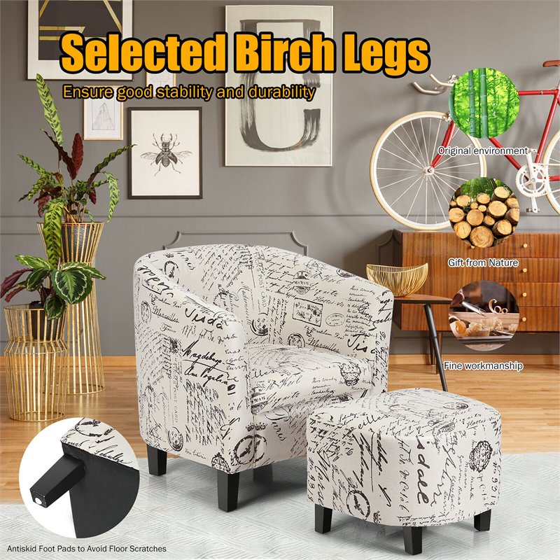 Costway Contemporary Birch Wood & Cotton Accent Chair with Ottoman in Beige
