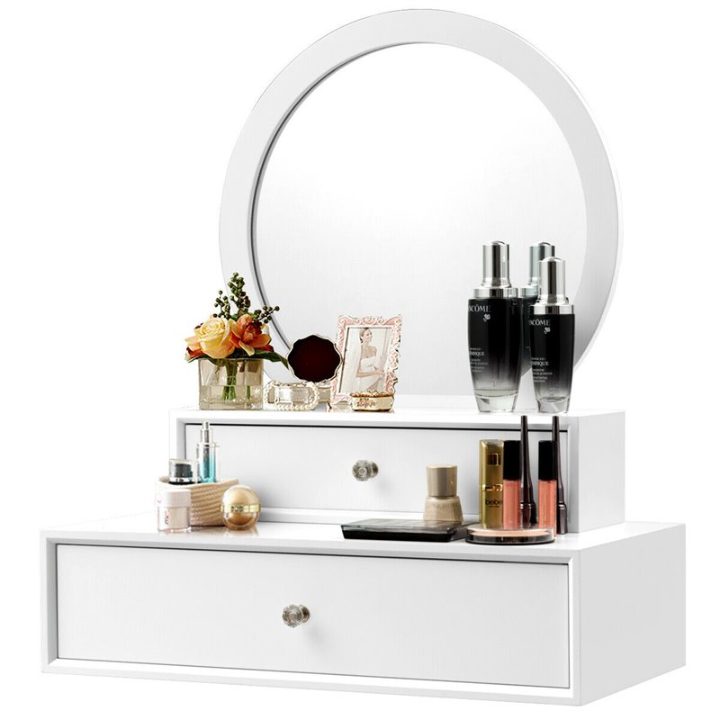 Costway Contemporary MDF Wall Mounted Vanity Mirror with 2 Drawers in White