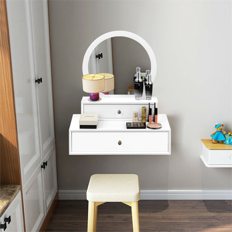 Costway Contemporary MDF Wall Mounted Vanity Mirror with 2 Drawers in White