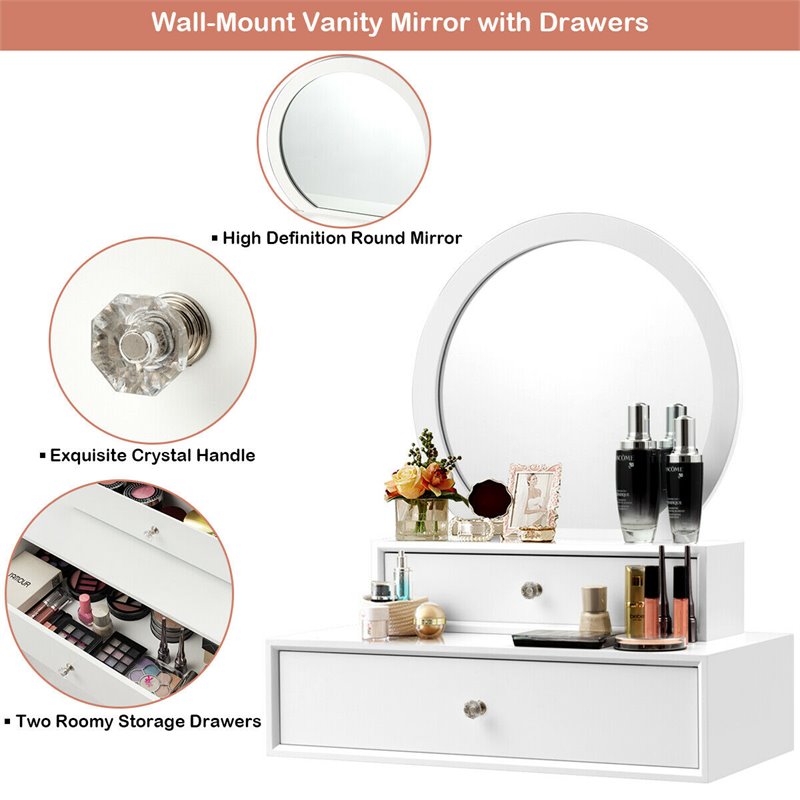 Costway Contemporary MDF Wall Mounted Vanity Mirror with 2 Drawers in White