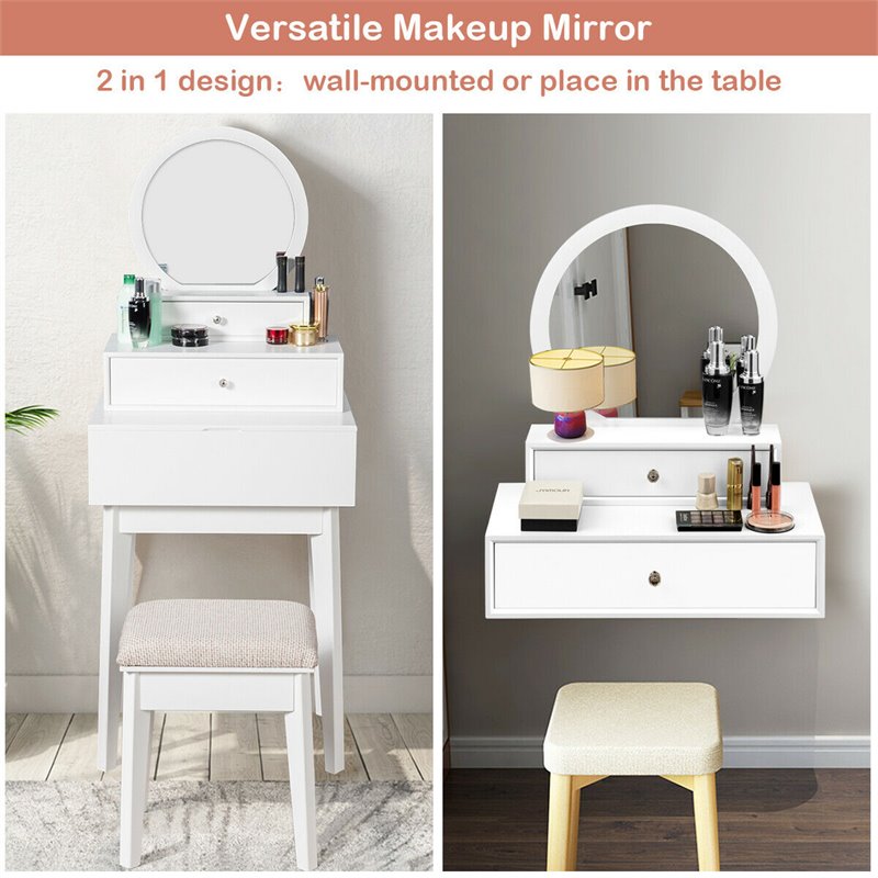 Costway Contemporary MDF Wall Mounted Vanity Mirror with 2 Drawers in White