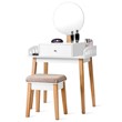 Costway MDF Vanity Makeup Dressing Set with Round Mirror in White/Natural