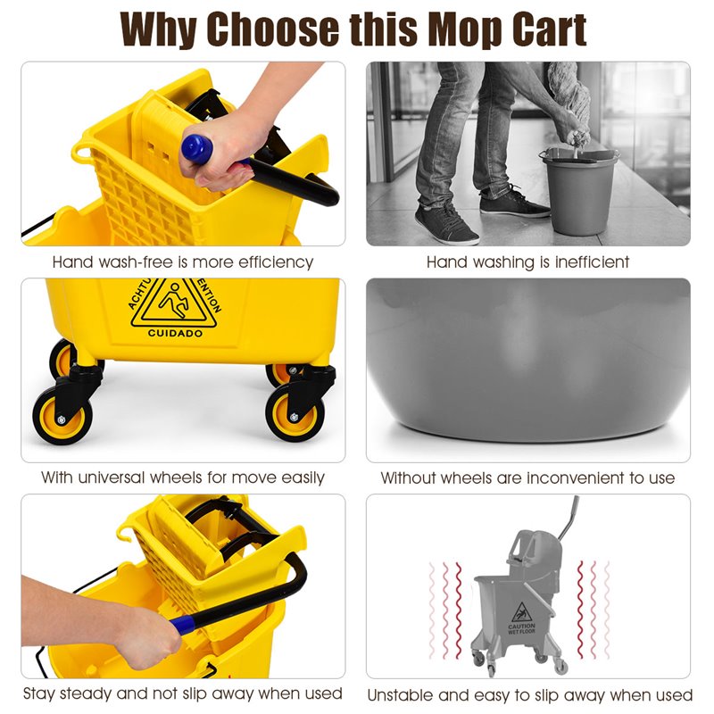 Costway PP and Iron Cleaning Wringer with Swivel Wheels in Yellow/Black