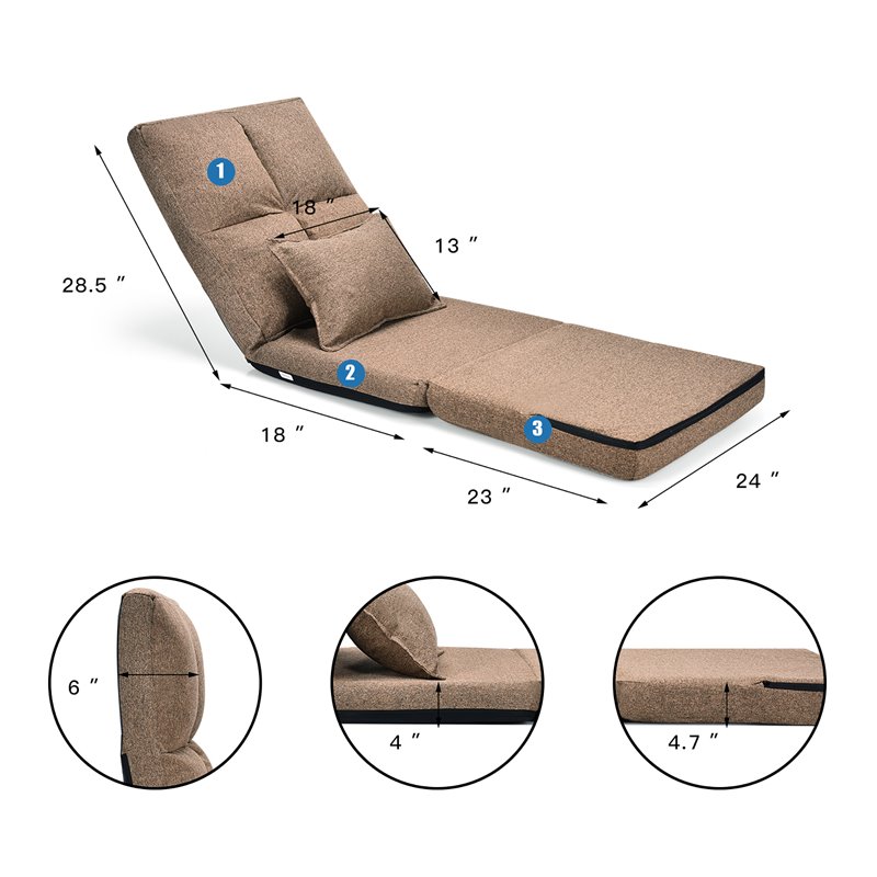 Costway Fabric and Metal Convertible Sofa Sleeper with Pillow in Coffee