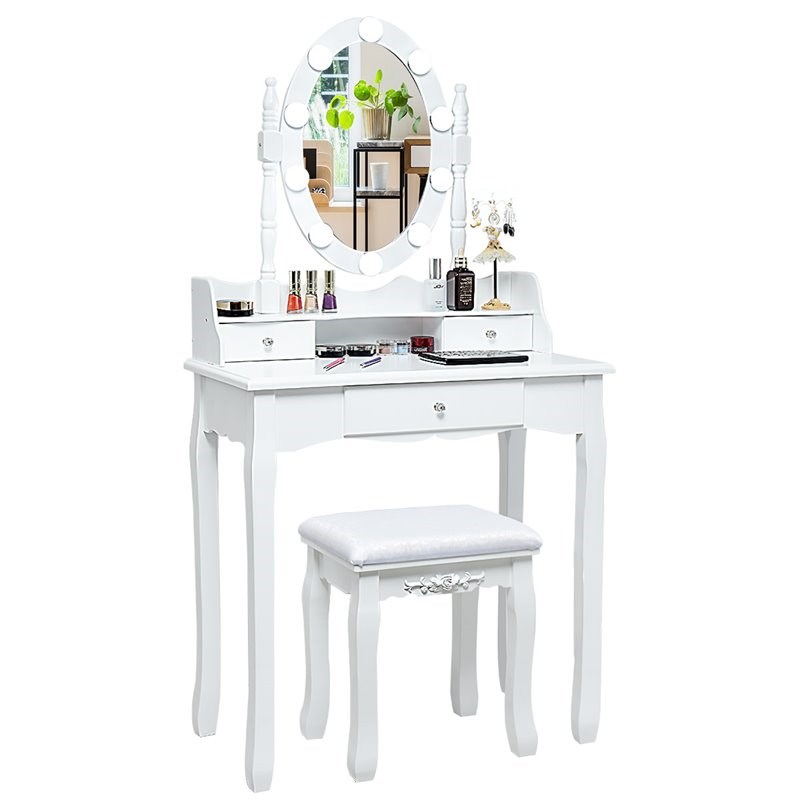 Costway Contemporary MDF Vanity Dressing Table Set with 2 Side Drawers in White