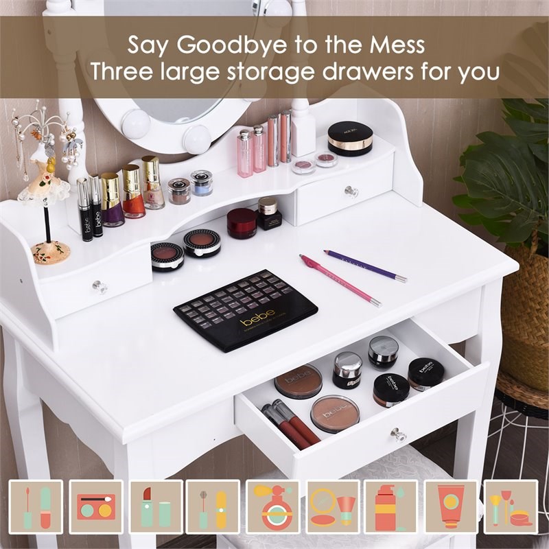 Costway Contemporary MDF Vanity Dressing Table Set with 2 Side Drawers in White