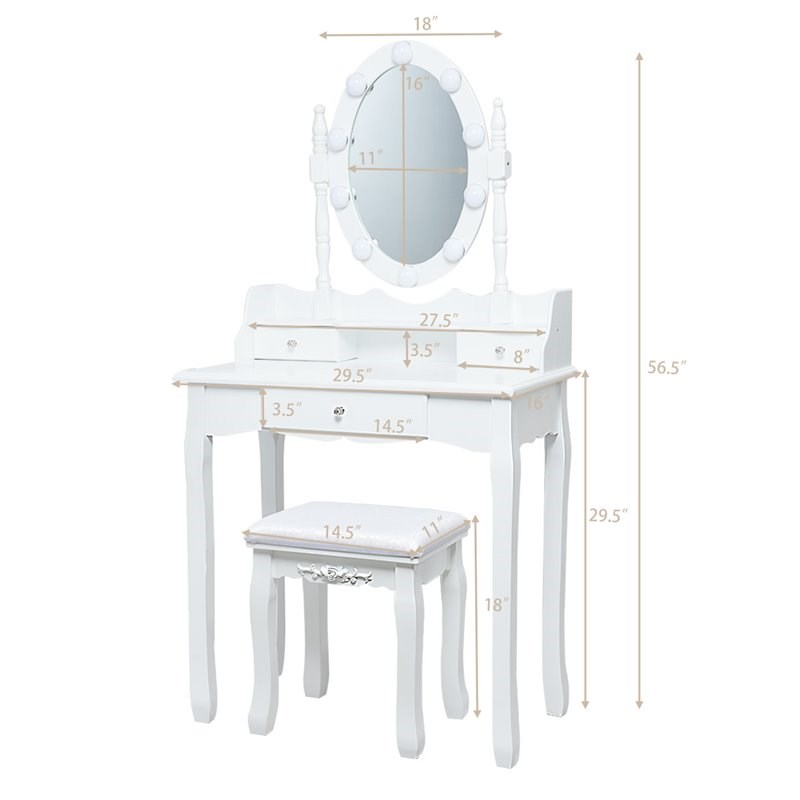 Costway Contemporary MDF Vanity Dressing Table Set with 2 Side Drawers in White