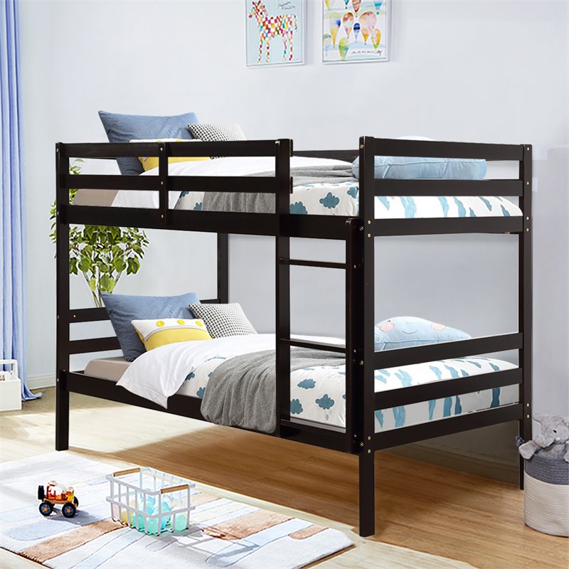 Costway Contemporary Pine and Plywood Twin Over Twin Wood Bunk Beds in Espresso