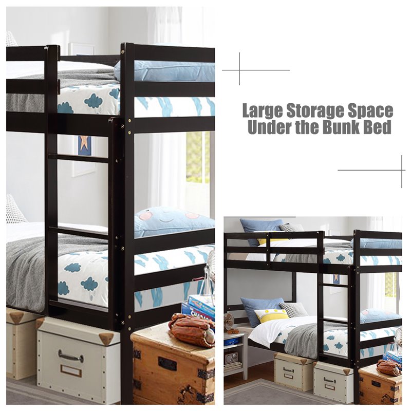Costway Contemporary Pine and Plywood Twin Over Twin Wood Bunk Beds in Espresso