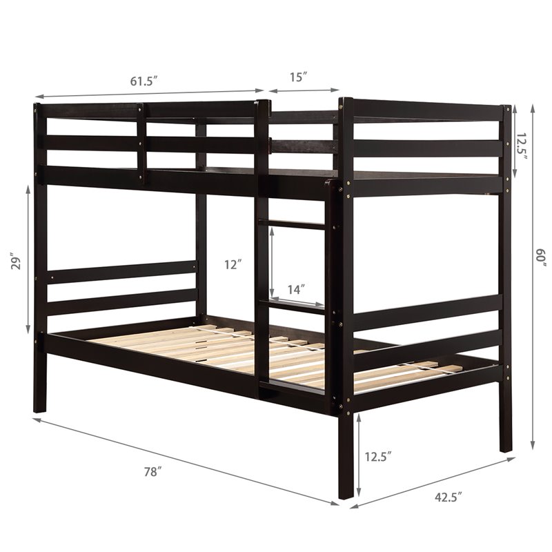Costway Contemporary Pine and Plywood Twin Over Twin Wood Bunk Beds in Espresso