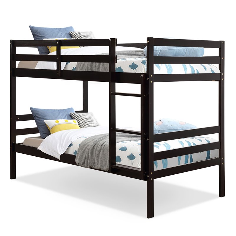 Costway Contemporary Pine and Plywood Twin Over Twin Wood Bunk Beds in Espresso