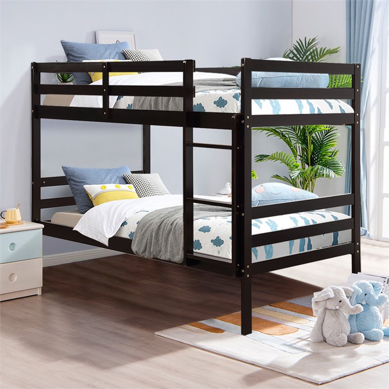 Costway Contemporary Pine and Plywood Twin Over Twin Wood Bunk Beds in Espresso