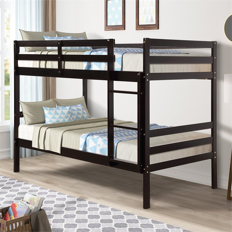 Costway Contemporary Pine and Plywood Twin Over Twin Wood Bunk Beds in Espresso
