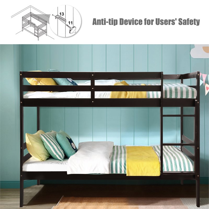 Costway Contemporary Pine and Plywood Twin Over Twin Wood Bunk Beds in Espresso