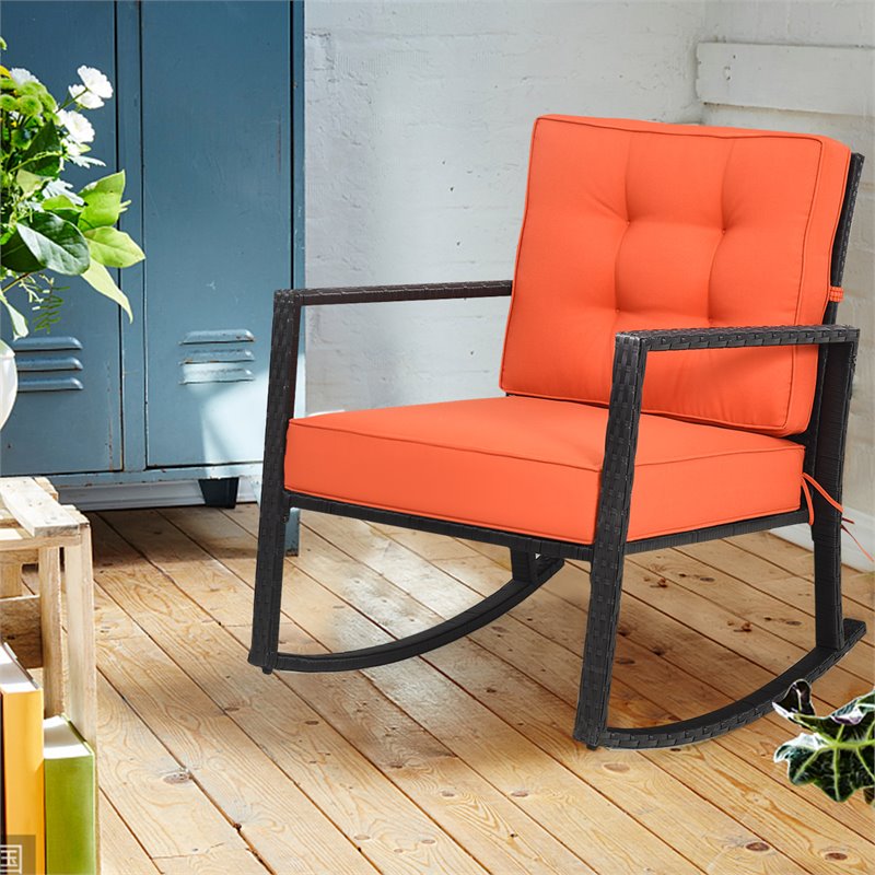 Costway Contemporary Rattan and Iron Patio Rocking Chair in Black