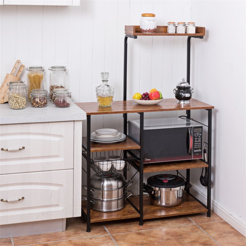Costway 4-Tier MDF Vintage Kitchen Baker's Rack with Basket & 5 Hooks in Coffee