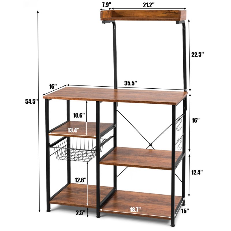 Costway 4-Tier MDF Vintage Kitchen Baker's Rack with Basket & 5 Hooks in Coffee