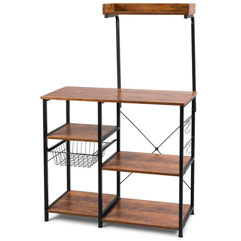 Costway 4-Tier MDF Vintage Kitchen Baker's Rack with Basket & 5 Hooks in Coffee