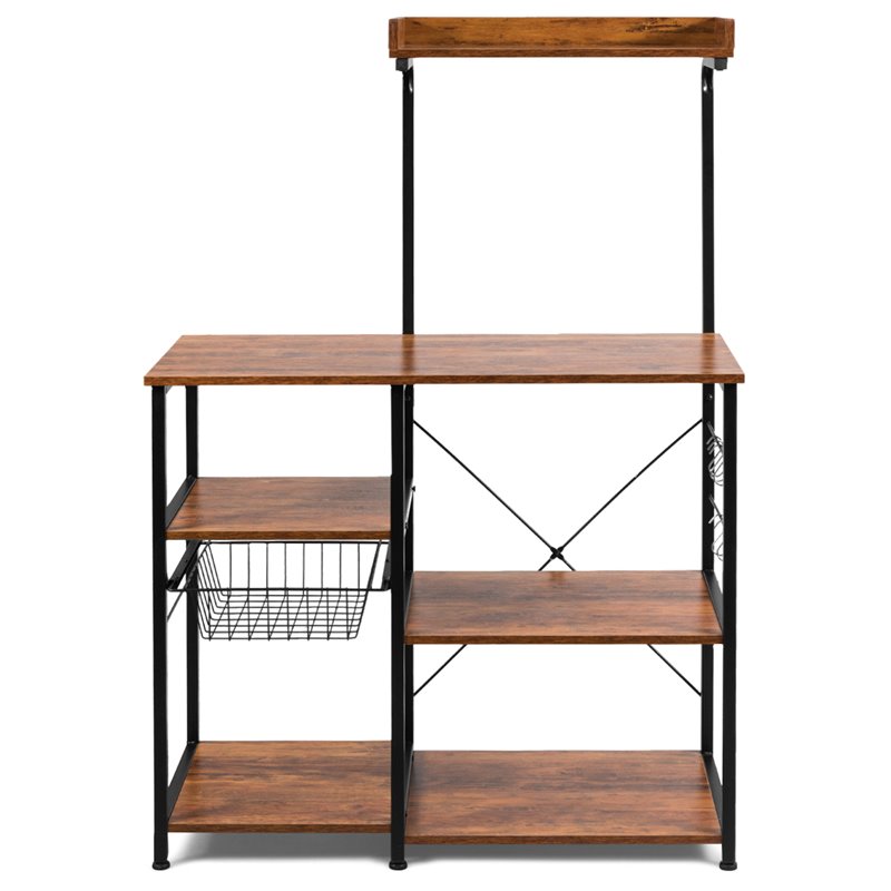Costway 4-Tier MDF Vintage Kitchen Baker's Rack with Basket & 5 Hooks in Coffee
