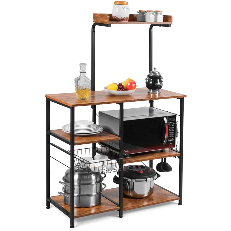 Costway 4-Tier MDF Vintage Kitchen Baker's Rack with Basket & 5 Hooks in Coffee