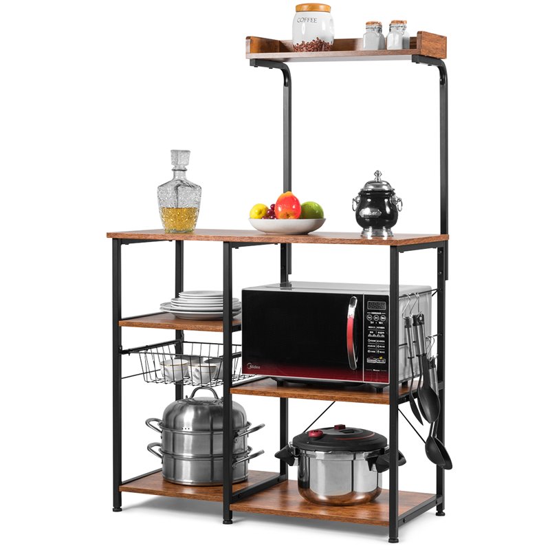 Costway 4-Tier MDF Vintage Kitchen Baker's Rack with Basket & 5 Hooks in Coffee