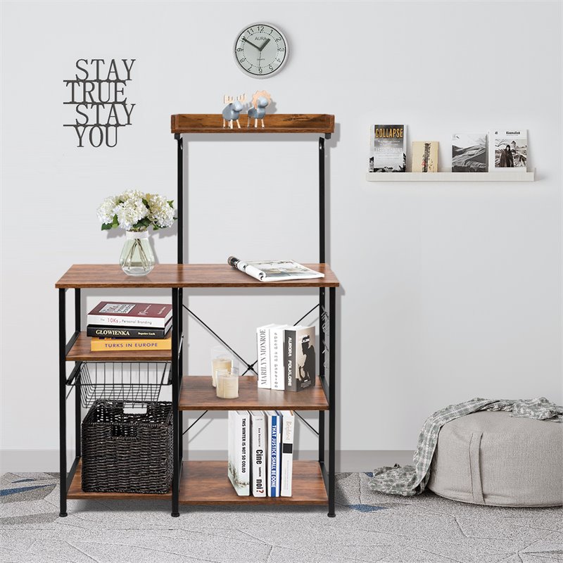 Costway 4-Tier MDF Vintage Kitchen Baker's Rack with Basket & 5 Hooks in Coffee