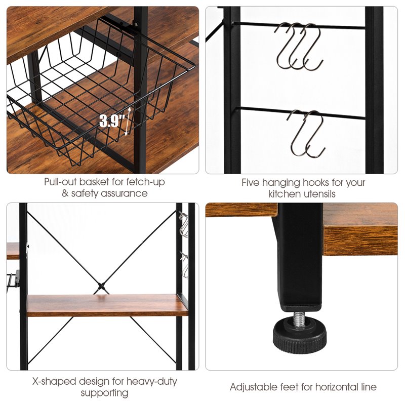 Costway 4-Tier MDF Vintage Kitchen Baker's Rack with Basket & 5 Hooks in Coffee