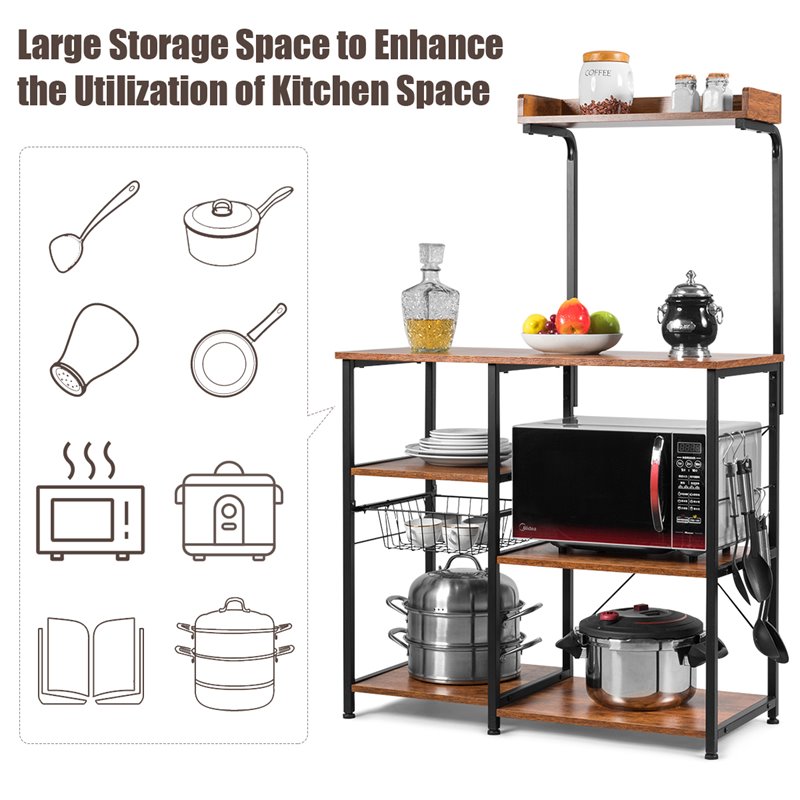 Costway 4-Tier MDF Vintage Kitchen Baker's Rack with Basket & 5 Hooks in Coffee