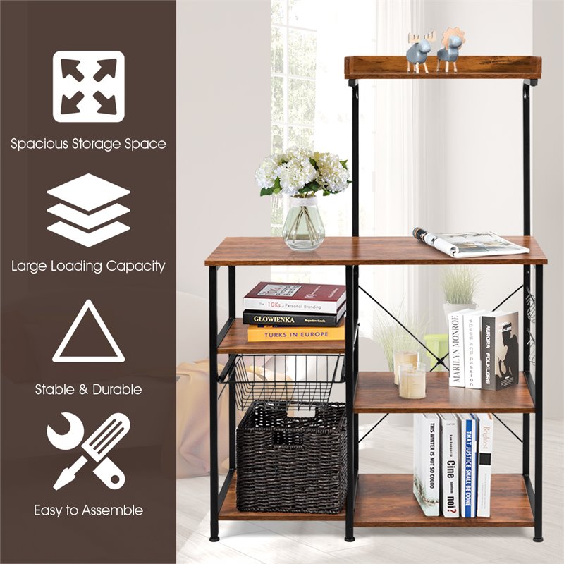 Costway 4-Tier MDF Vintage Kitchen Baker's Rack with Basket & 5 Hooks in Coffee