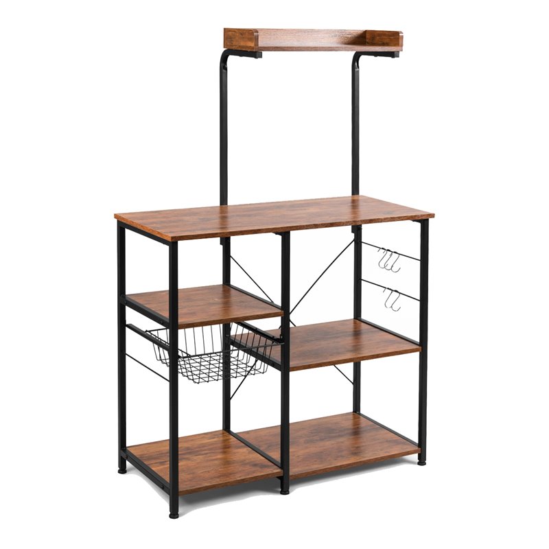 Costway 4-Tier MDF Vintage Kitchen Baker's Rack with Basket & 5 Hooks in Coffee