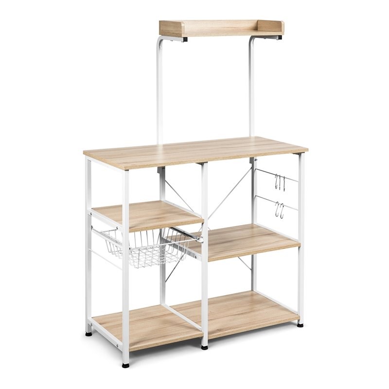 Costway 4-Tier MDF Vintage Kitchen Baker's Rack with Basket & 5 Hooks in Natural