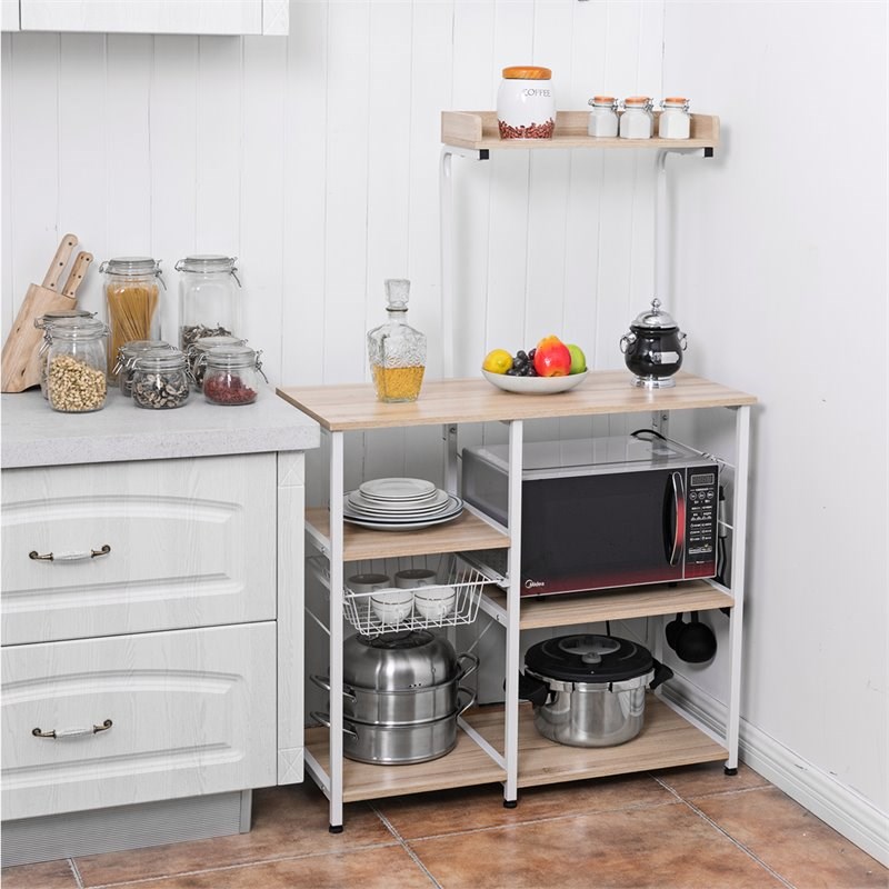 Costway 4-Tier MDF Vintage Kitchen Baker's Rack with Basket & 5 Hooks in Natural
