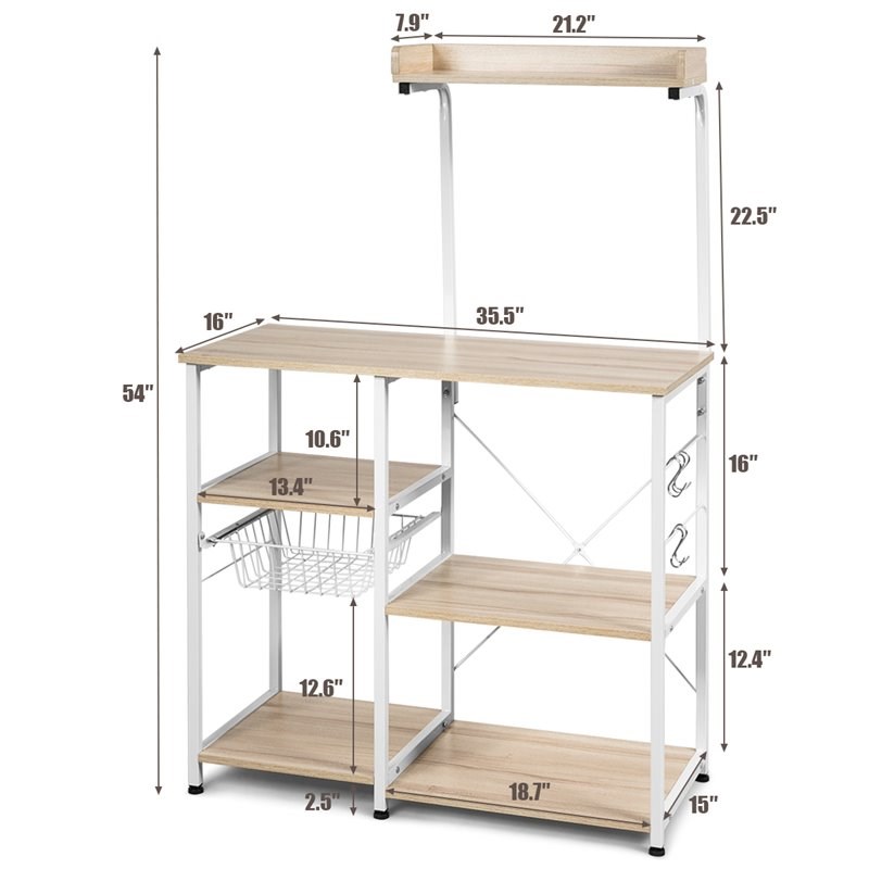 Costway 4-Tier MDF Vintage Kitchen Baker's Rack with Basket & 5 Hooks in Natural