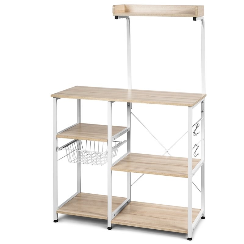 Costway 4-Tier MDF Vintage Kitchen Baker's Rack with Basket & 5 Hooks in Natural