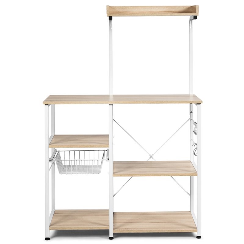 Costway 4-Tier MDF Vintage Kitchen Baker's Rack with Basket & 5 Hooks in Natural