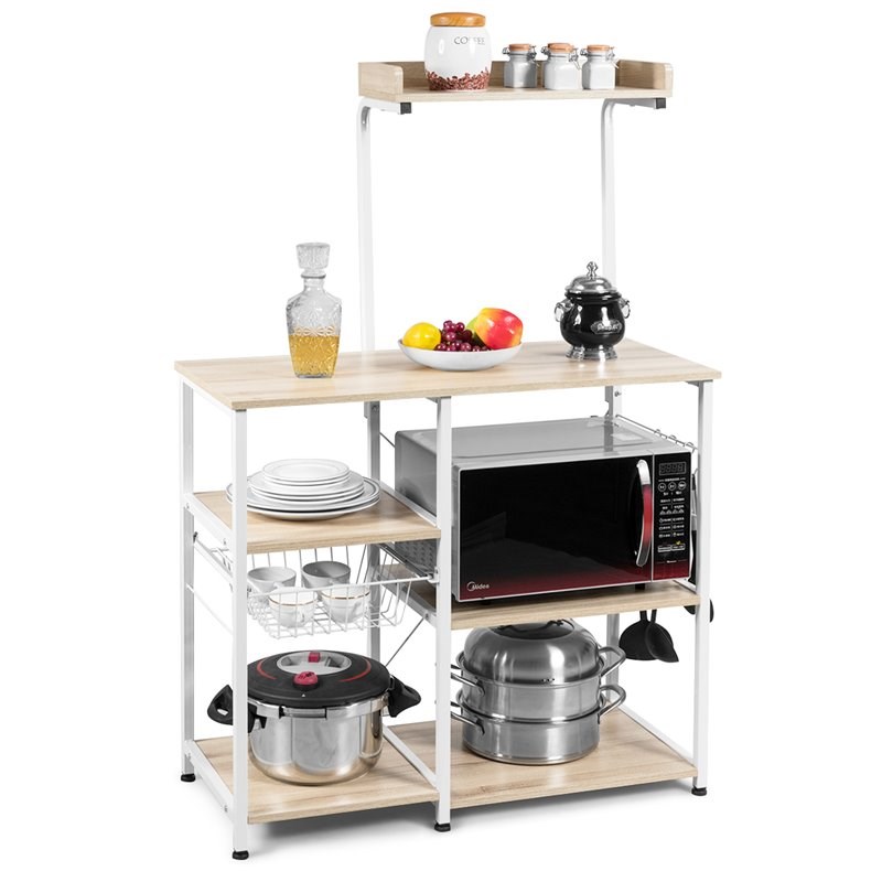 Costway 4-Tier MDF Vintage Kitchen Baker's Rack with Basket & 5 Hooks in Natural