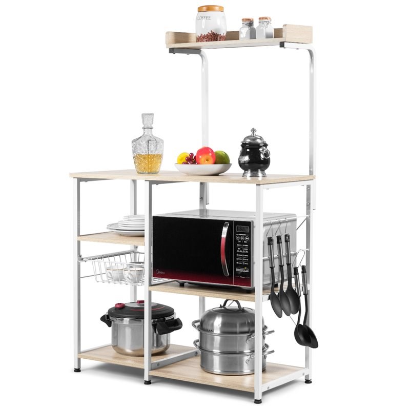 Costway 4-Tier MDF Vintage Kitchen Baker's Rack with Basket & 5 Hooks in Natural