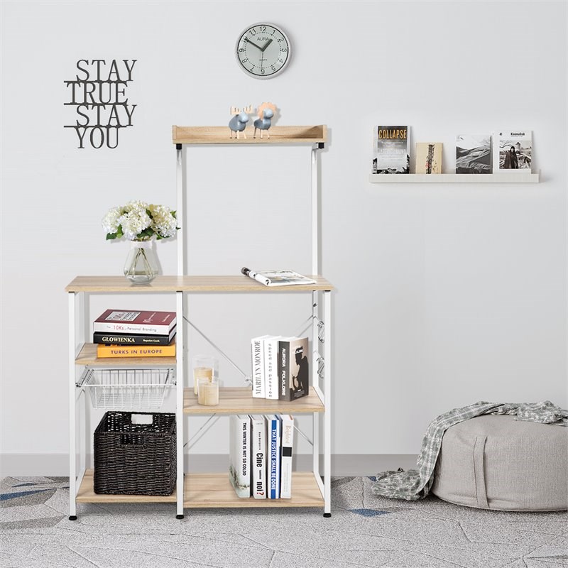 Costway 4-Tier MDF Vintage Kitchen Baker's Rack with Basket & 5 Hooks in Natural
