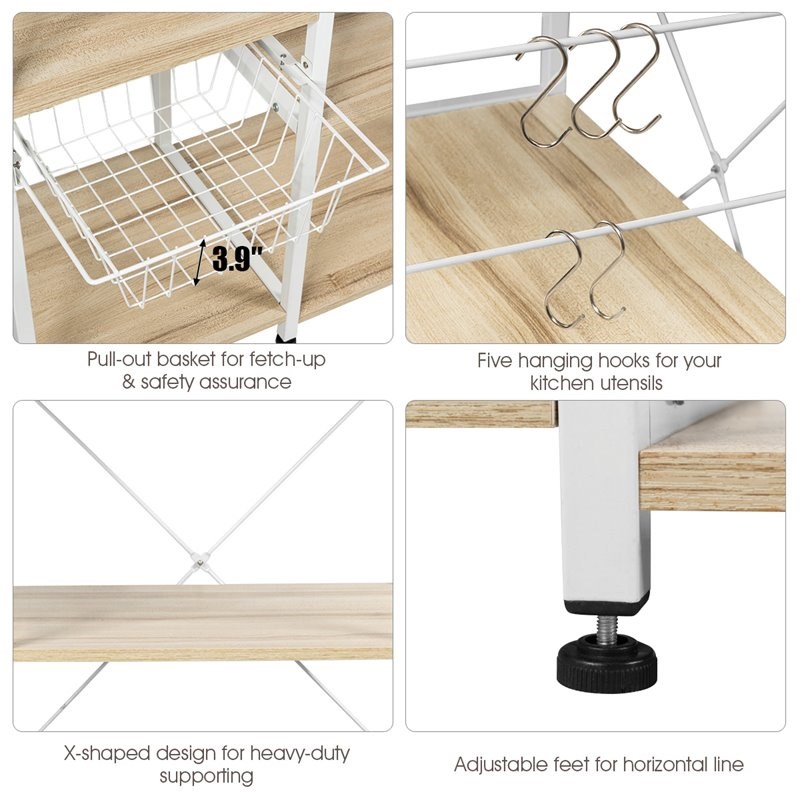 Costway 4-Tier MDF Vintage Kitchen Baker's Rack with Basket & 5 Hooks in Natural