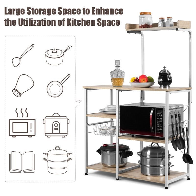 Costway 4-Tier MDF Vintage Kitchen Baker's Rack with Basket & 5 Hooks in Natural