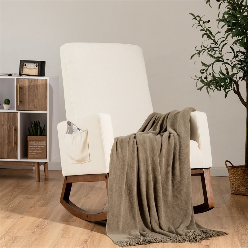 Costway Contemporary Wood and Fabric Upholstered Rocking Chair in Beige