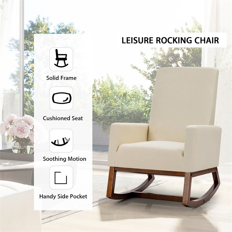 Costway Contemporary Wood and Fabric Upholstered Rocking Chair in Beige