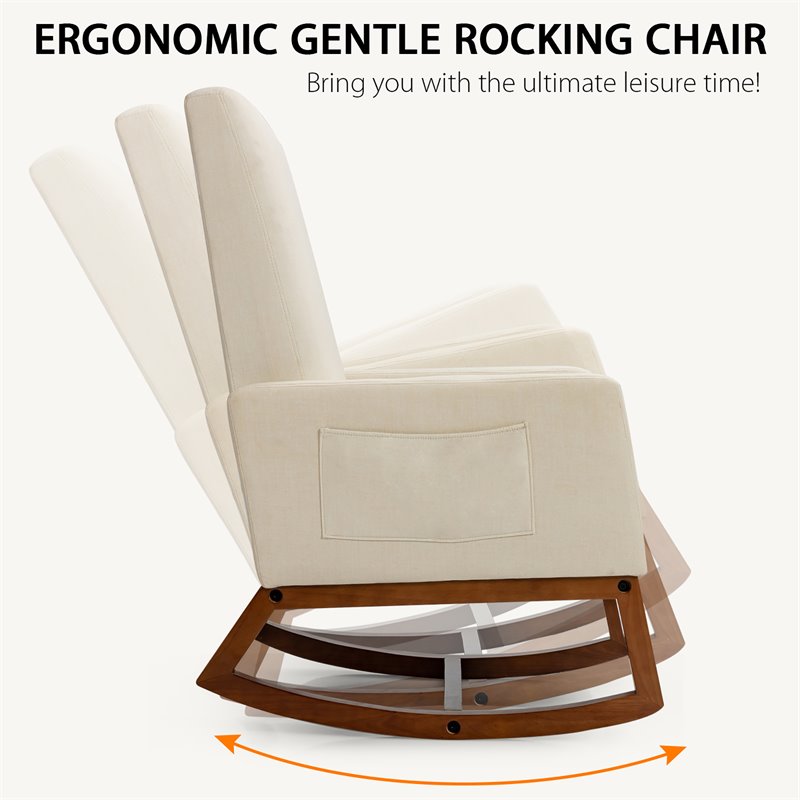 Costway Contemporary Wood and Fabric Upholstered Rocking Chair in Beige