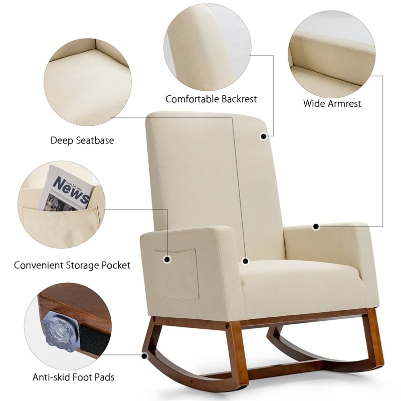 Costway Contemporary Wood and Fabric Upholstered Rocking Chair in Beige