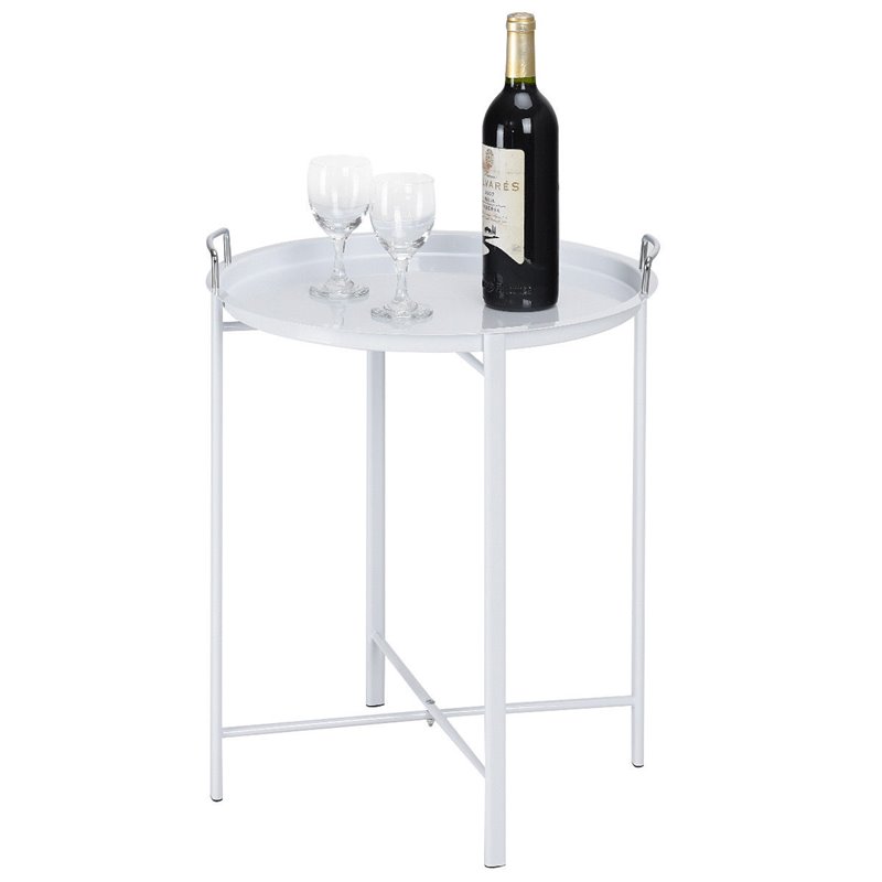 Costway Contemporary Metal End Table with Round Tray in White
