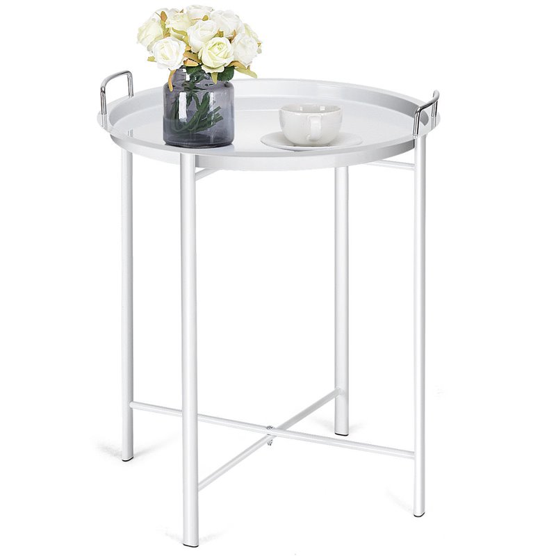 Costway Contemporary Metal End Table with Round Tray in White