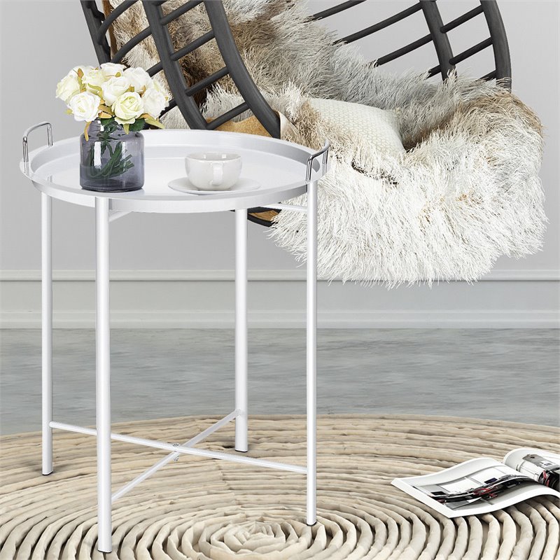 Costway Contemporary Metal End Table with Round Tray in White