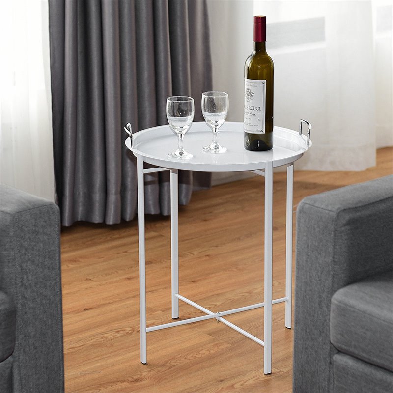 Costway Contemporary Metal End Table with Round Tray in White