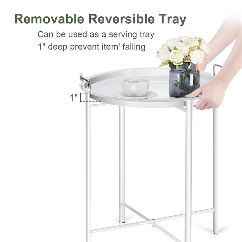 Costway Contemporary Metal End Table with Round Tray in White